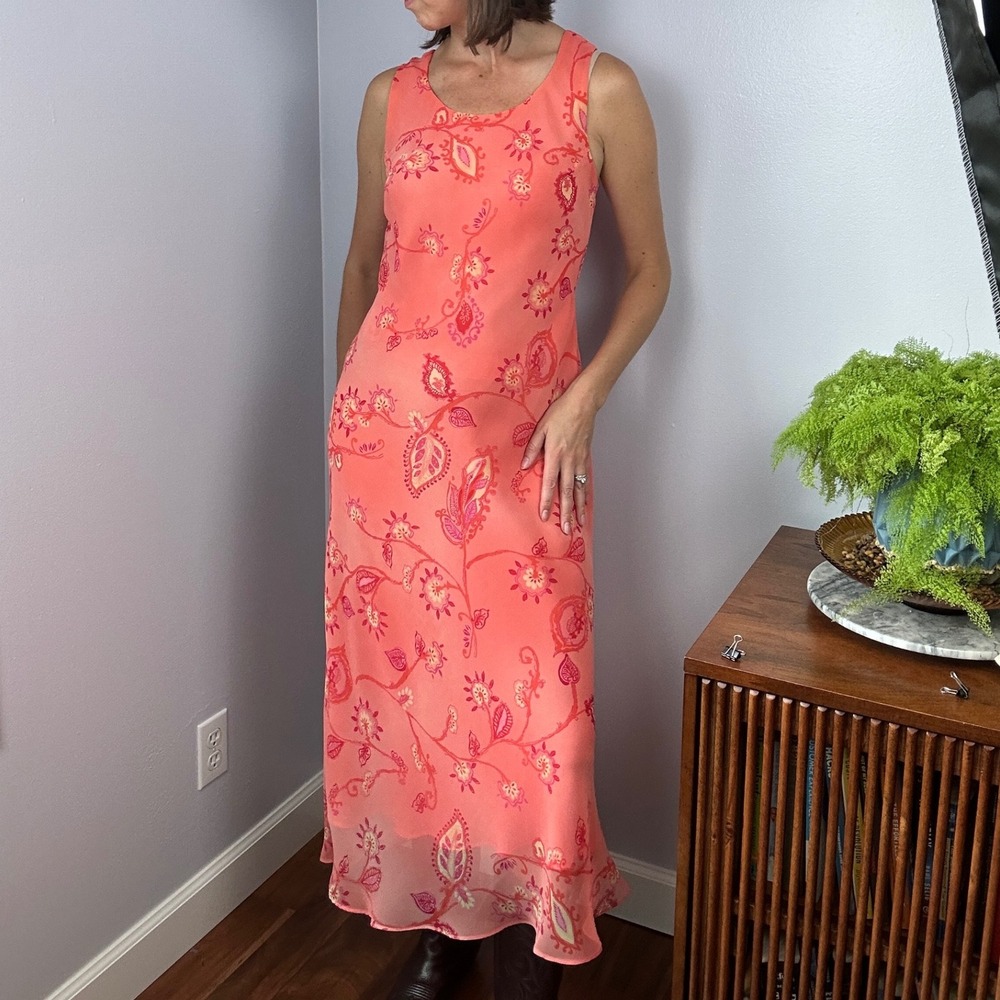 Y2K Studio I Coral Pink Floral Paisley Maxi Dress Sleeveless Size 10‎ Summer